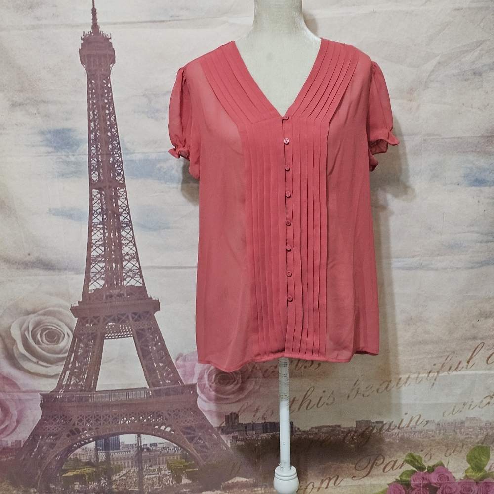 East 5th Coral Pleated Button-Up Blouse